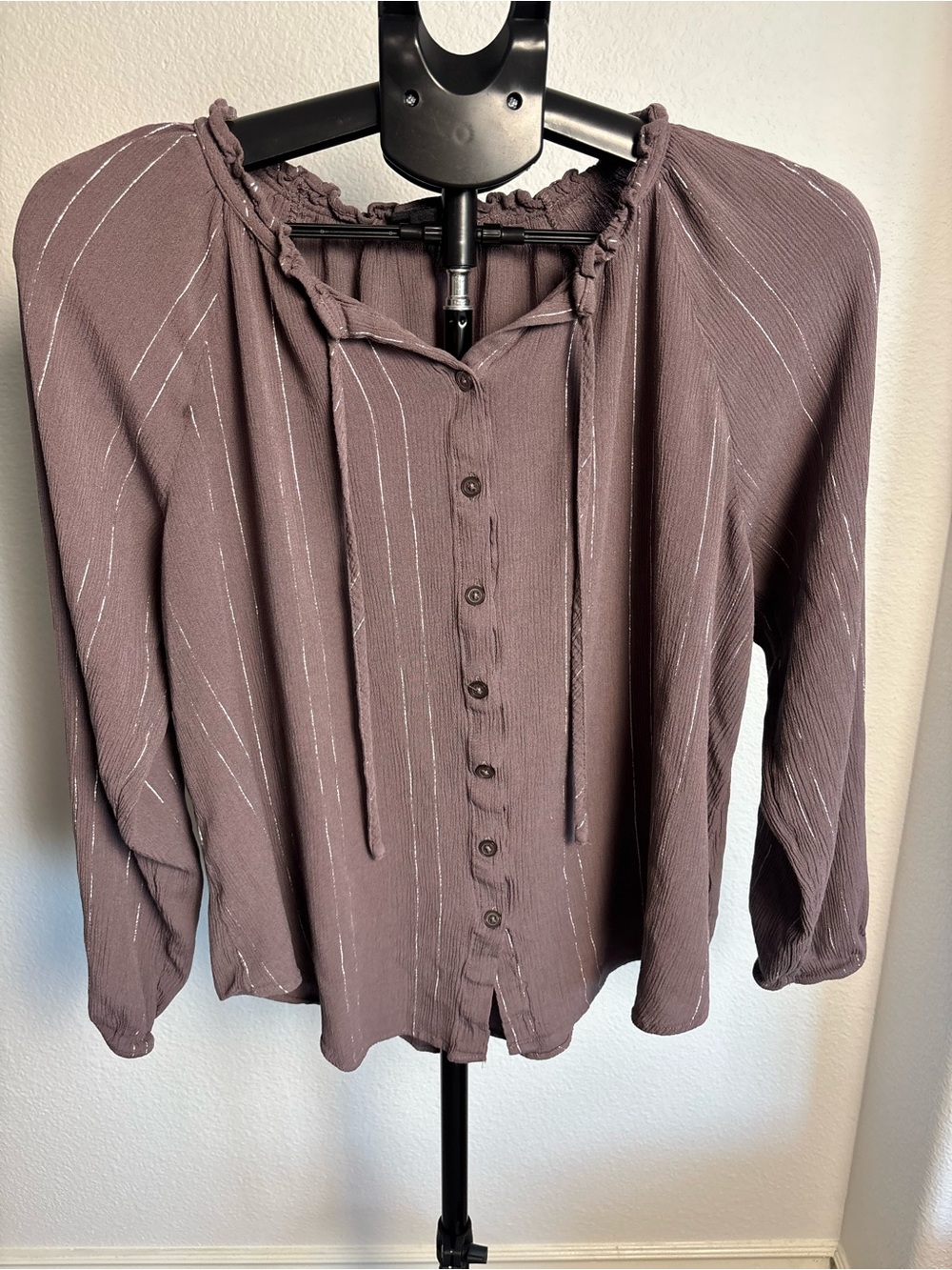 torrid Mauve Button-Front Peasant Blouse with Tie Neck